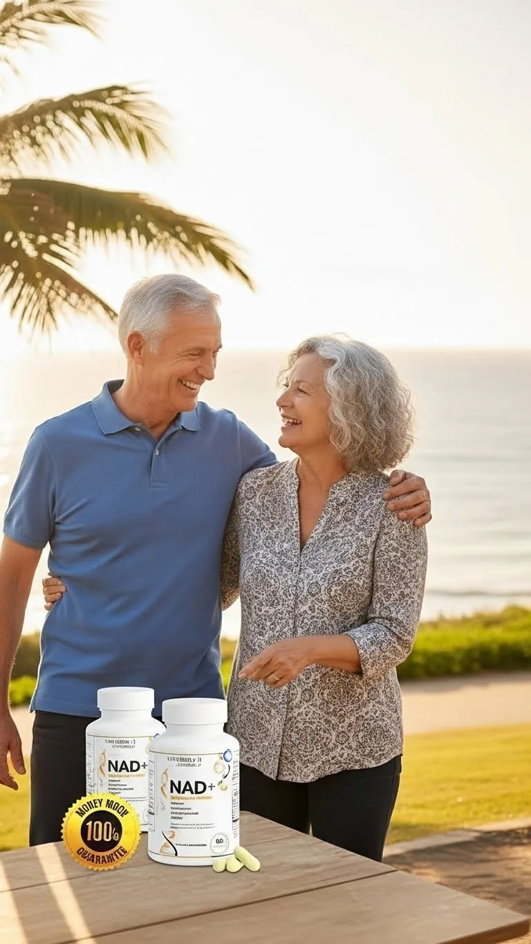 “Happy 50+ couple smiling outdoors near the beach with NAD+ supplement bottles on a table, representing healthy aging and vitality.”